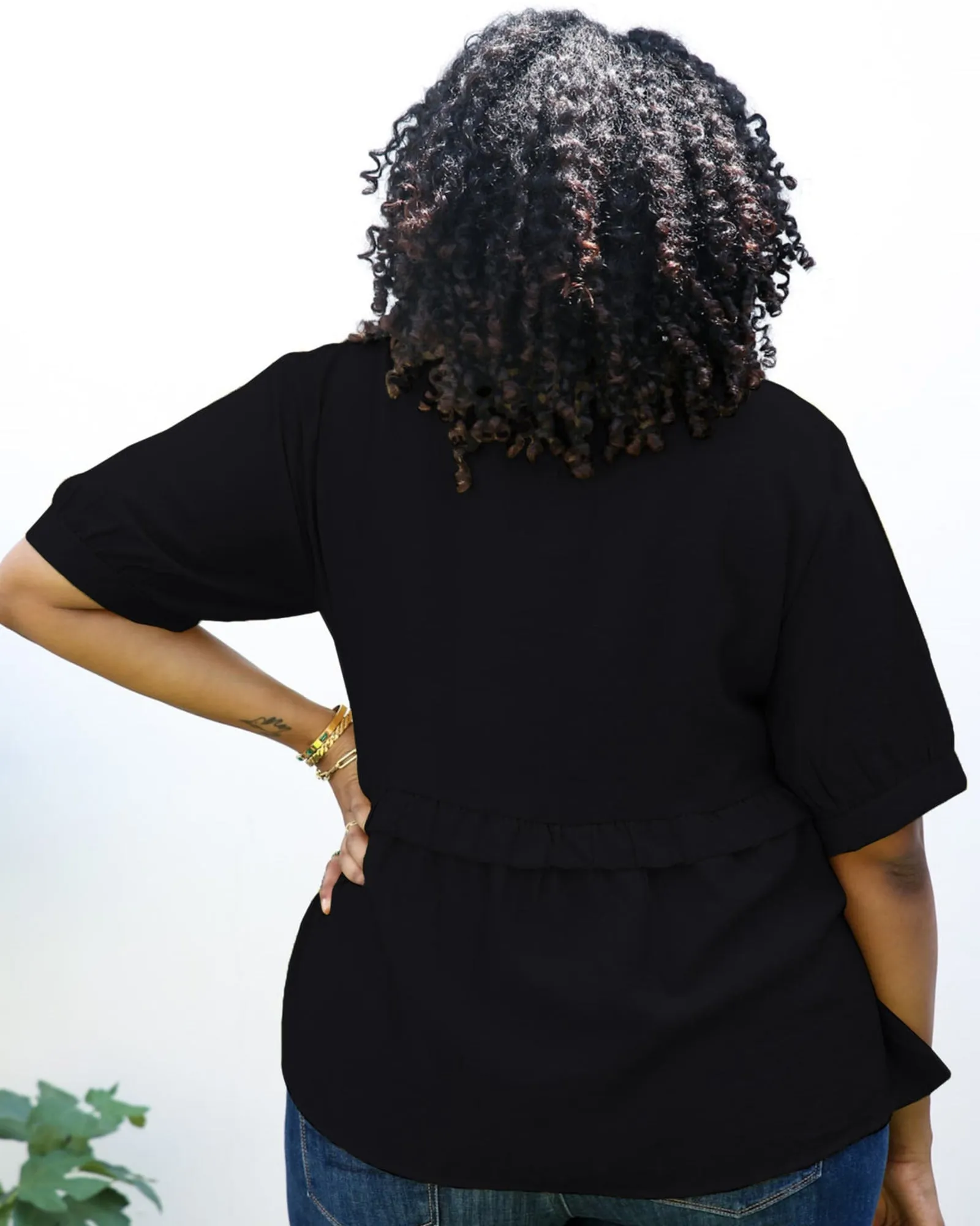 Button-Up Front Ruffle Solid Color Blouse | Black
