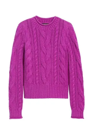 Cable-Knit Cropped Sweater in Bright Magenta