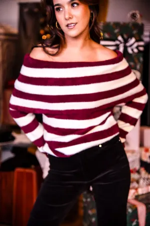 Candycane Lane Off The Shoulder Soft Stripe Sweater - Merlot/Ivory
