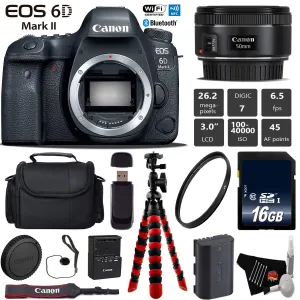 Canon EOS 6D Mark II DSLR Camera with 50mm f/1.8 STM Lens   Wireless Remote   UV Protection Filter   Case   Wrist Strap Base Bundle