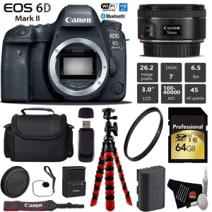 Canon EOS 6D Mark II DSLR Camera with 50mm f/1.8 STM Lens   Wireless Remote   UV Protection Filter   Case   Wrist Strap Pro Bundle