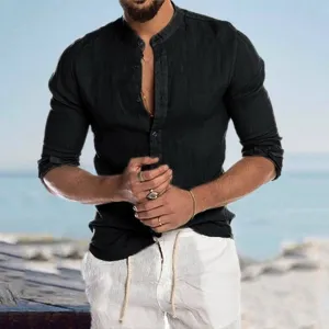 Casual Linen Shirt Band Collar Long Sleeve Button Down Shirt