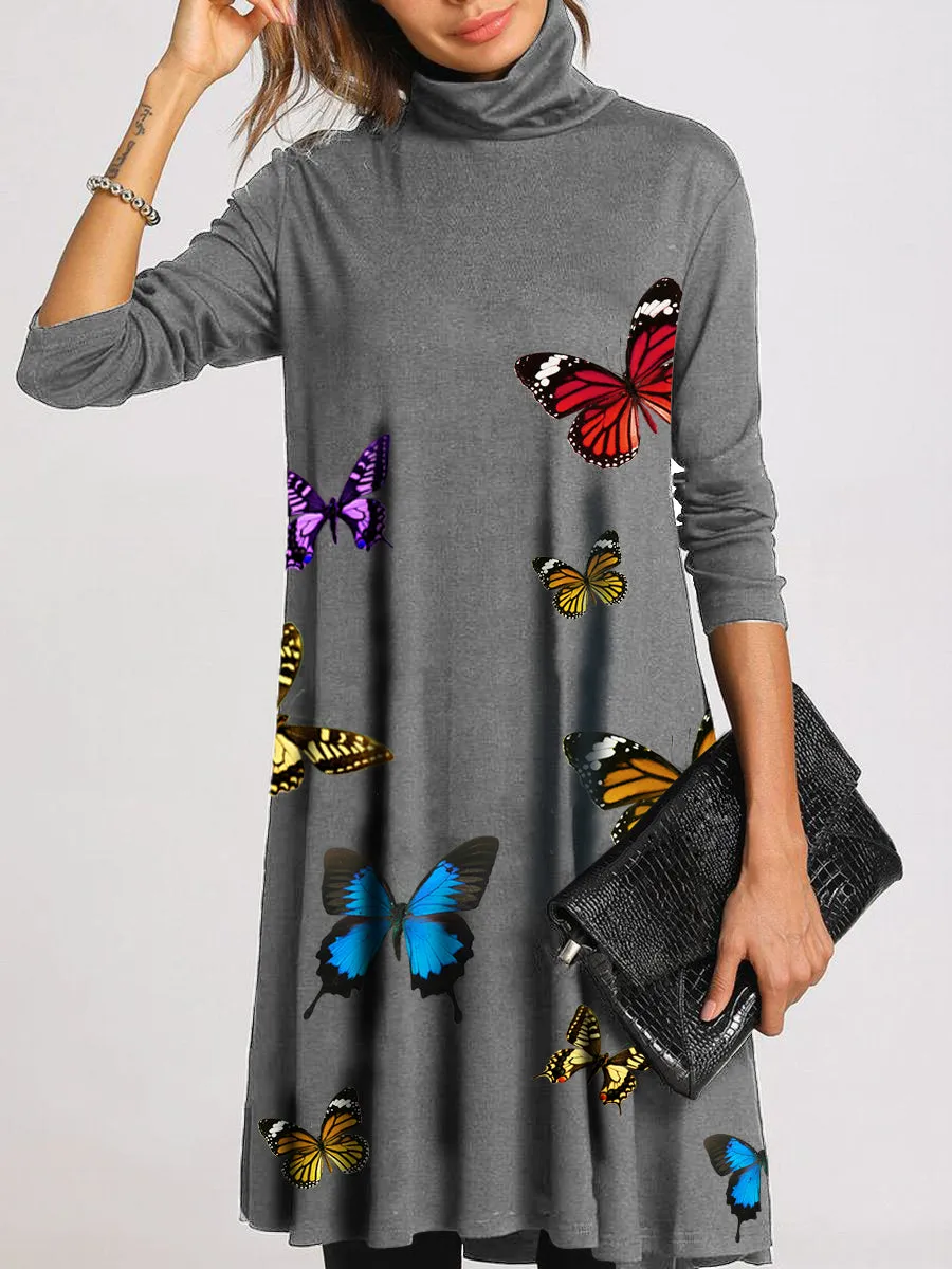 Casual Loose Comfortable High Neck Butterfly Dress
