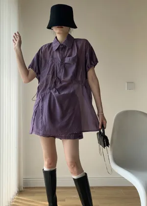 Casual Purple Peter Pan Collar Button Patchwork Cotton Two Piece Suit Summer