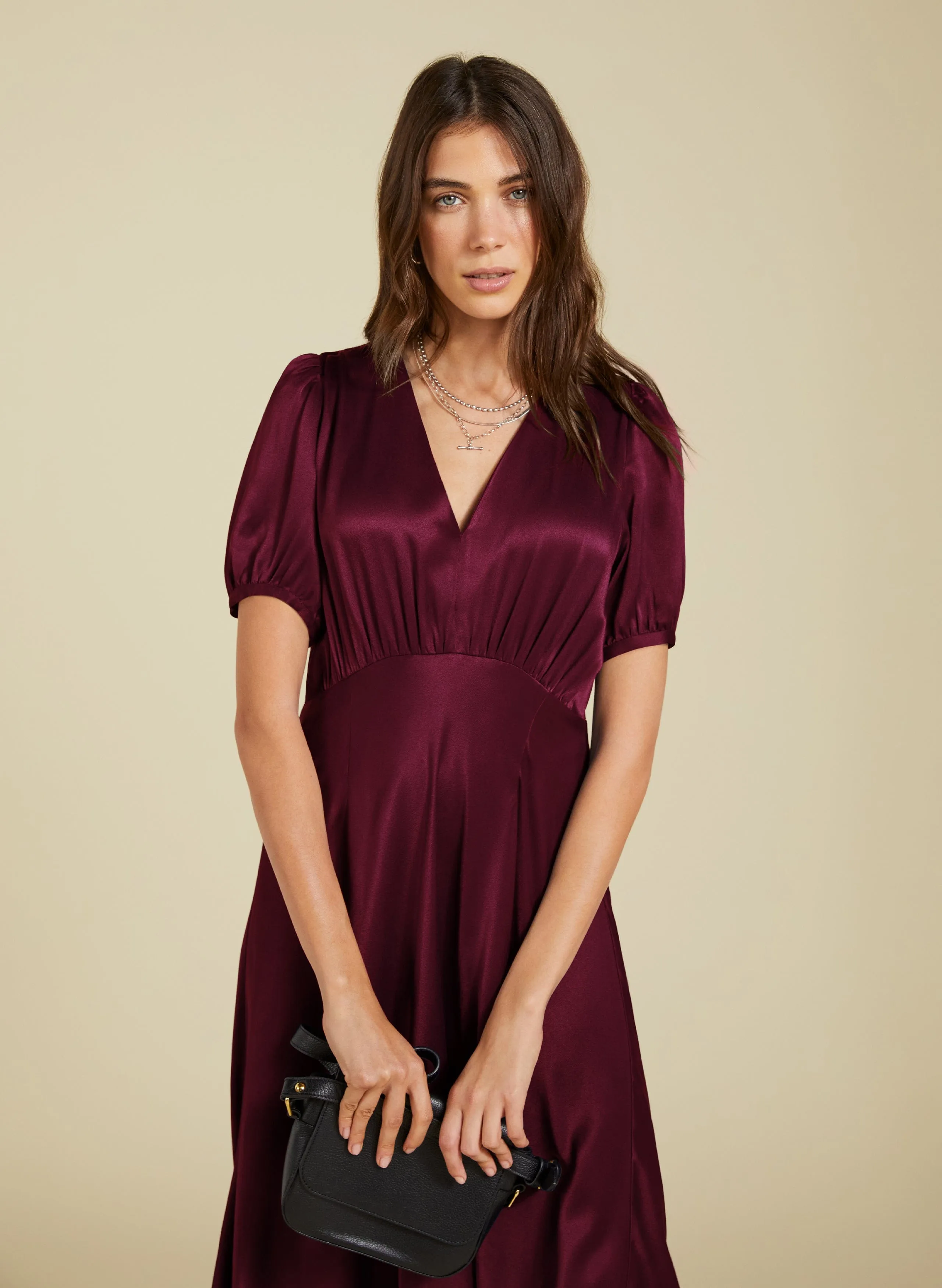 Cathy Satin V-Neck Midi Dress | Burgundy