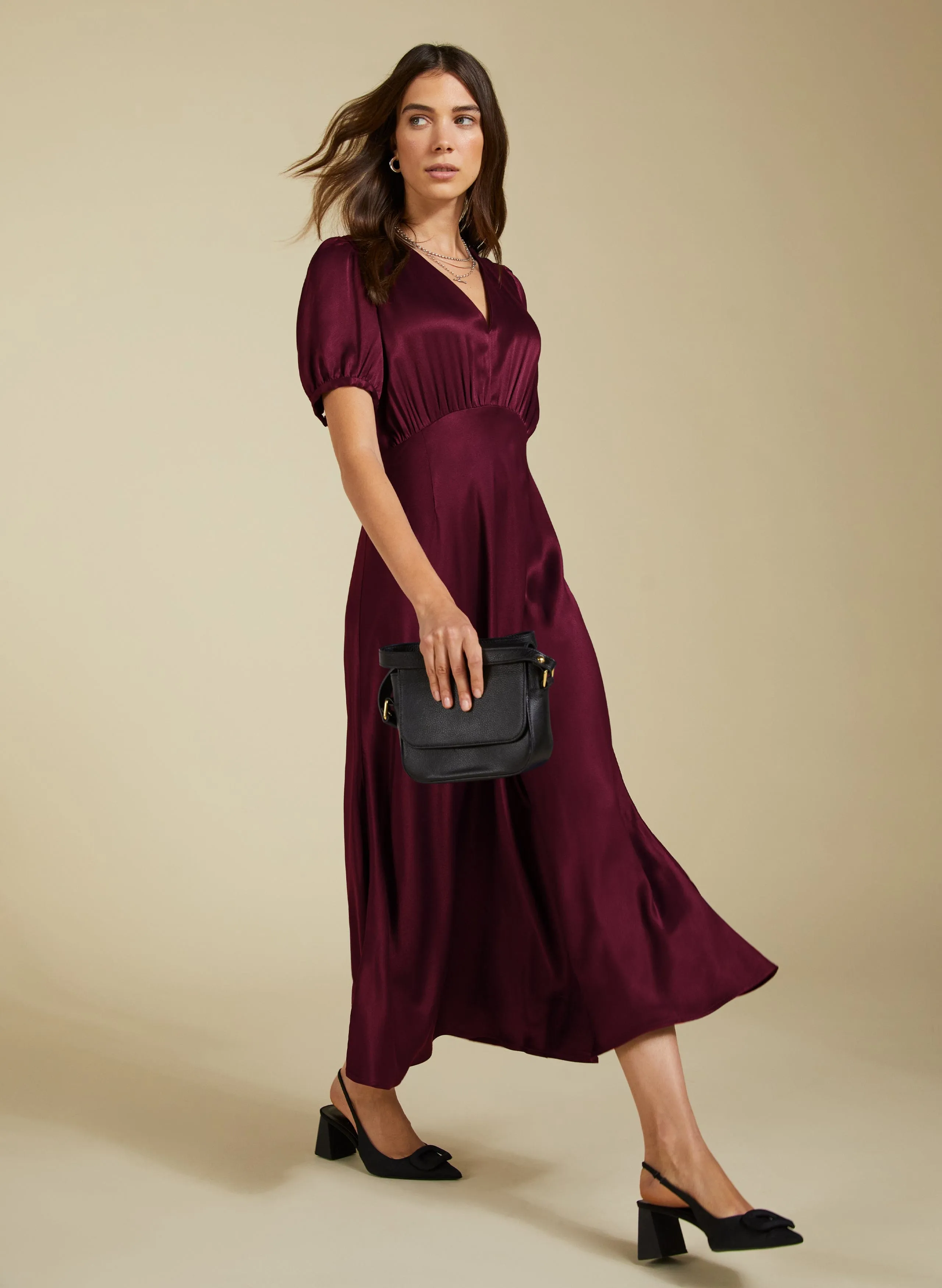 Cathy Satin V-Neck Midi Dress | Burgundy
