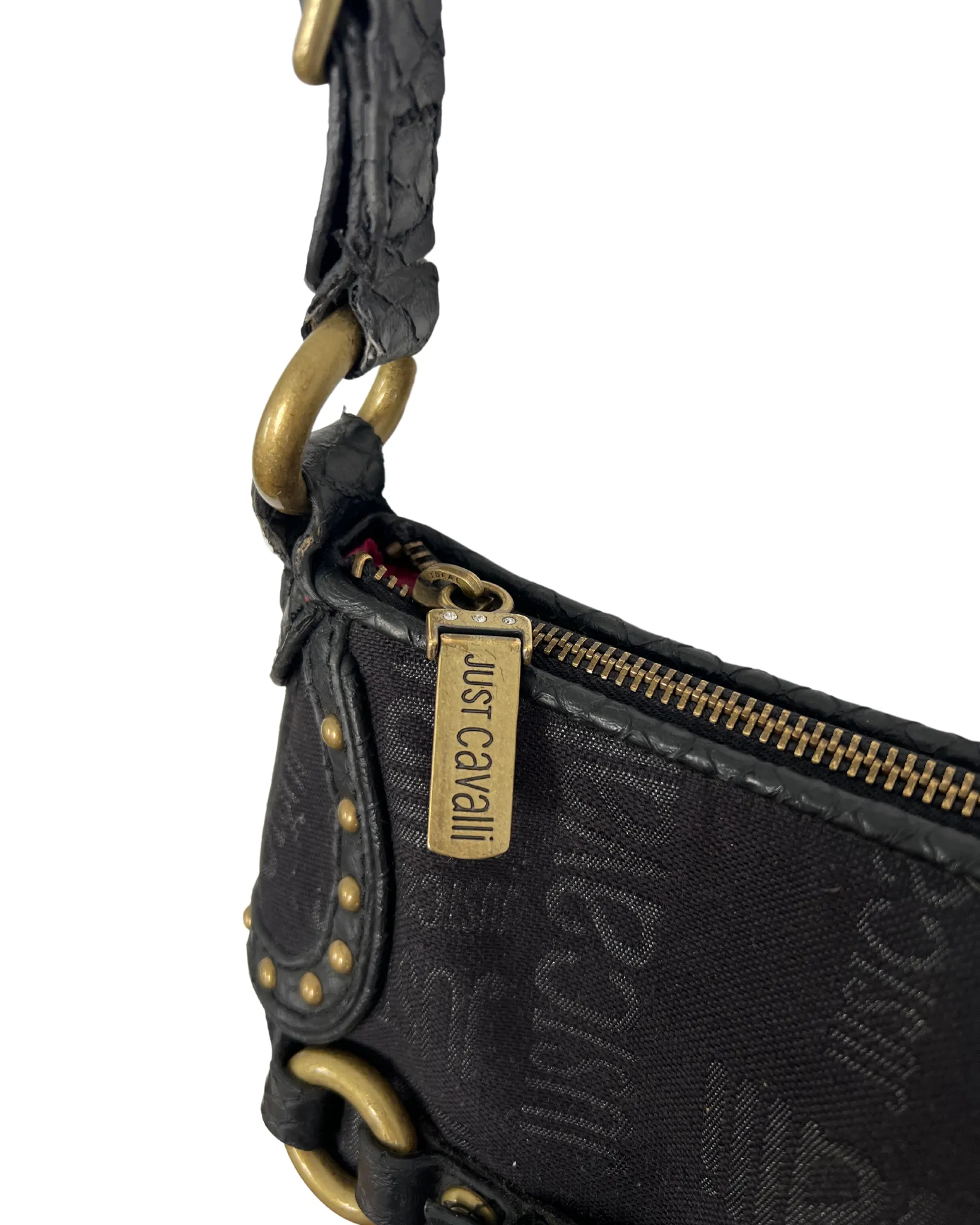 Cavalli Black Monogram Canvas & Leather Brass Tone Hardware Shoulder Bag
