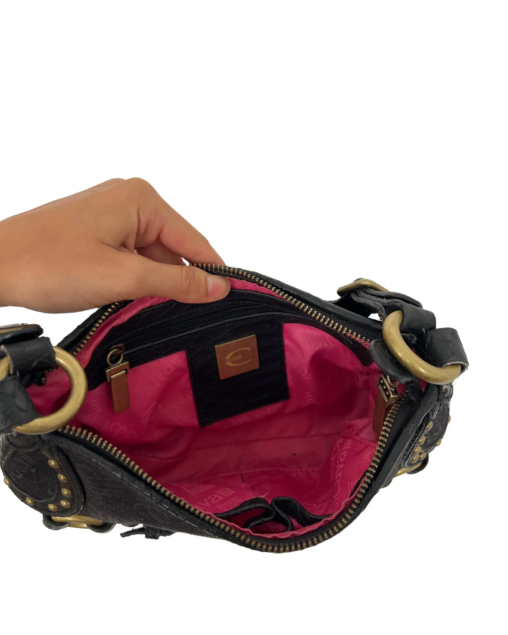 Cavalli Black Monogram Canvas & Leather Brass Tone Hardware Shoulder Bag