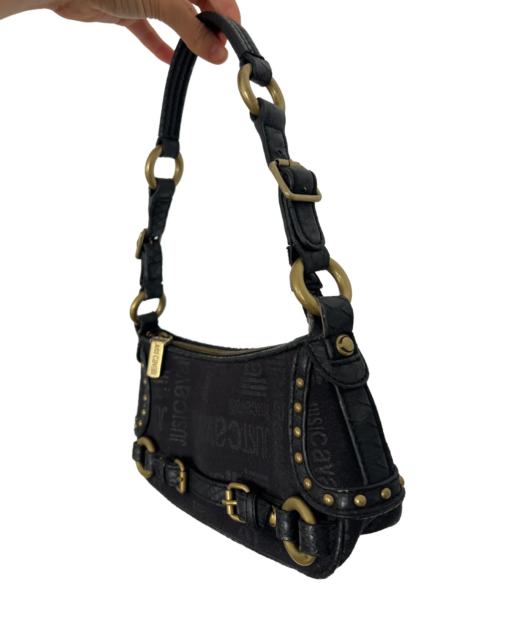 Cavalli Black Monogram Canvas & Leather Brass Tone Hardware Shoulder Bag