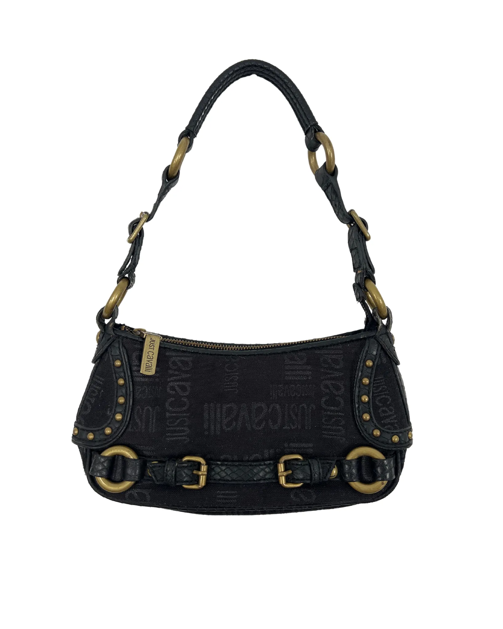 Cavalli Black Monogram Canvas & Leather Brass Tone Hardware Shoulder Bag