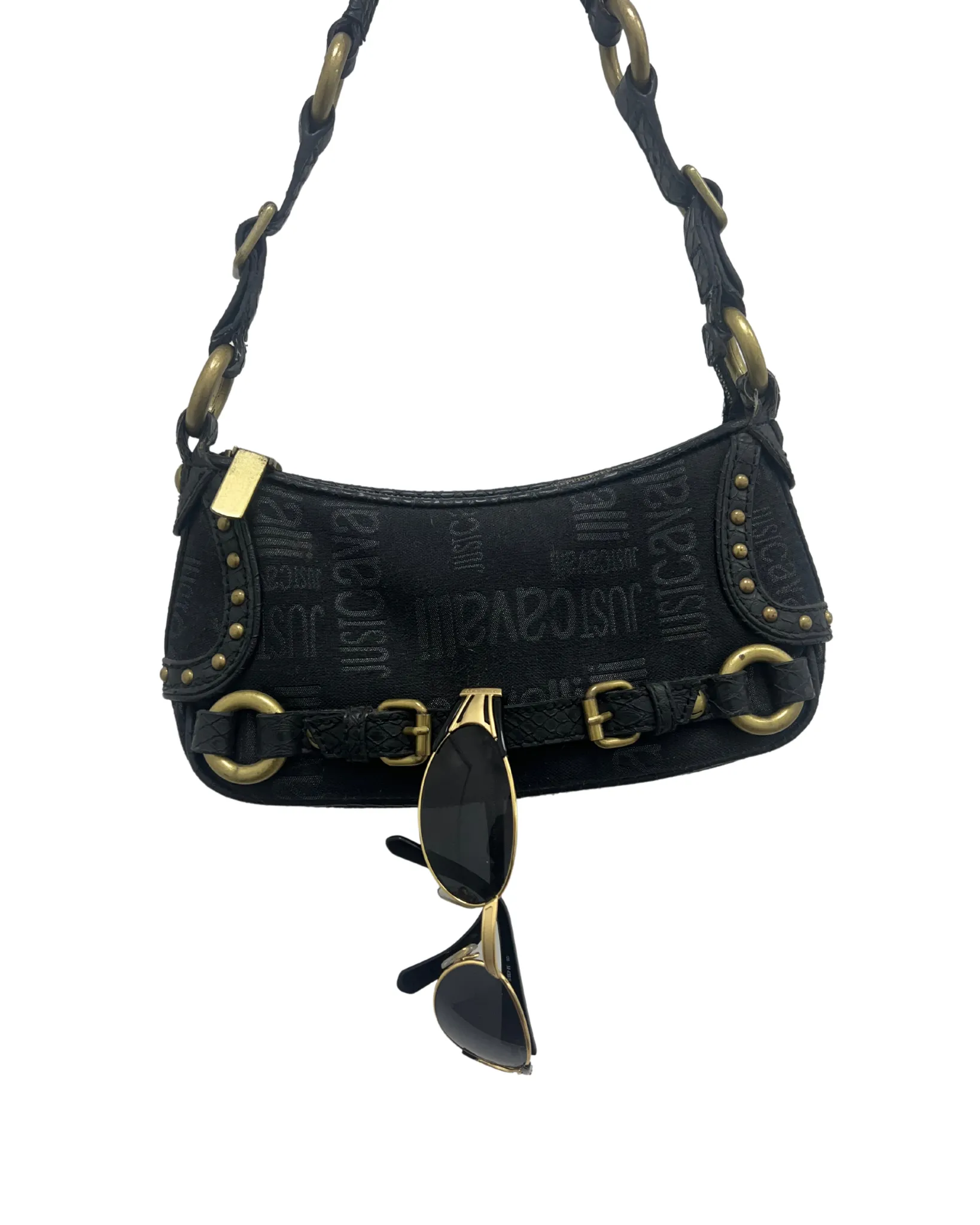 Cavalli Black Monogram Canvas & Leather Brass Tone Hardware Shoulder Bag