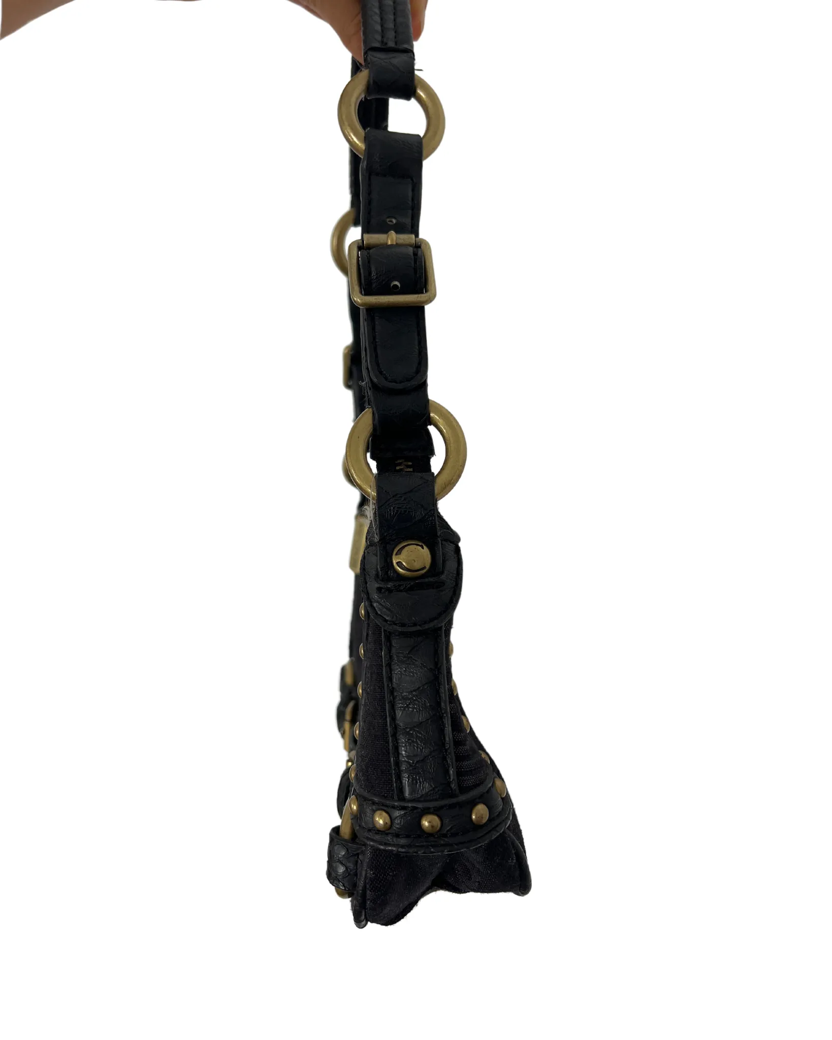 Cavalli Black Monogram Canvas & Leather Brass Tone Hardware Shoulder Bag