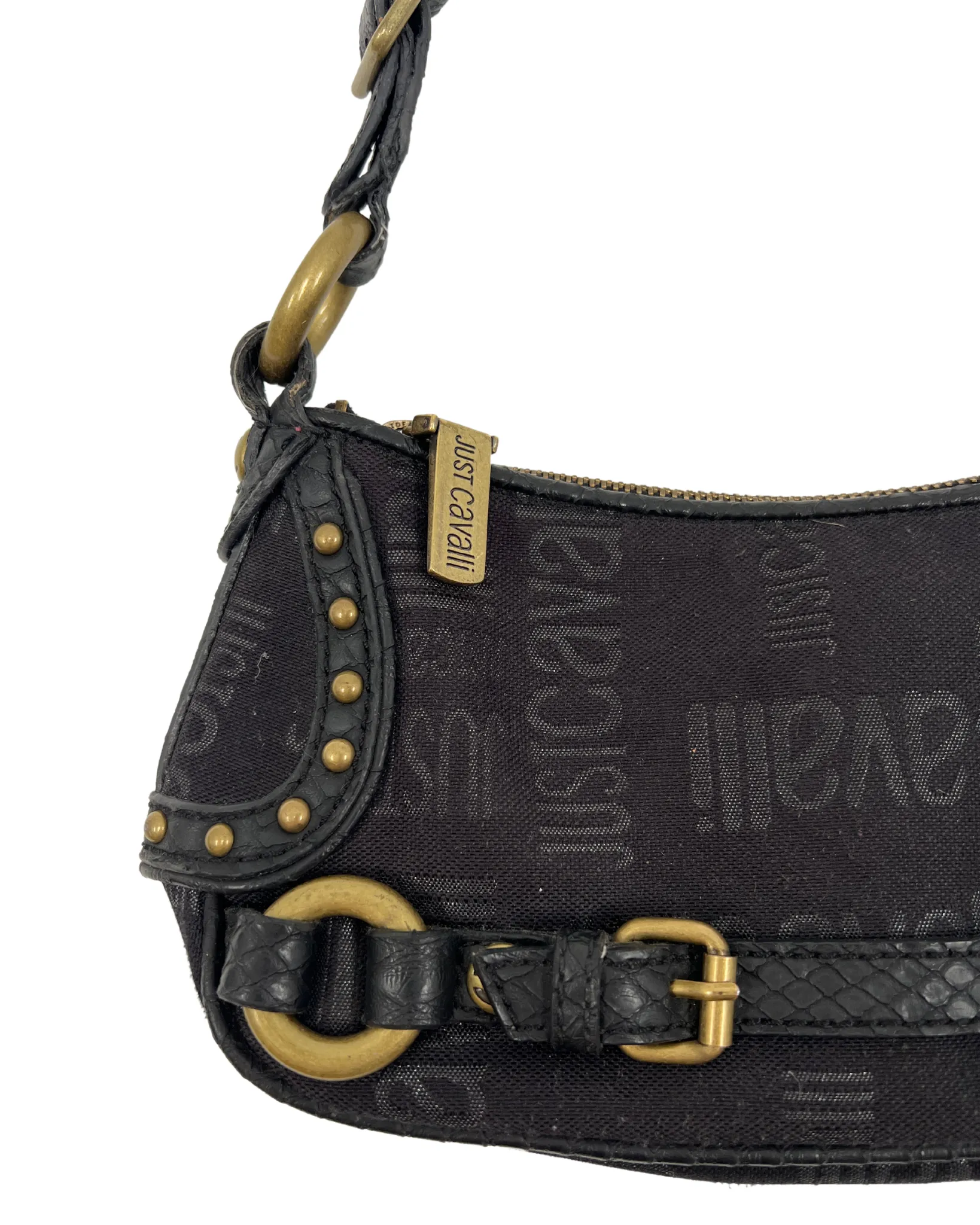 Cavalli Black Monogram Canvas & Leather Brass Tone Hardware Shoulder Bag