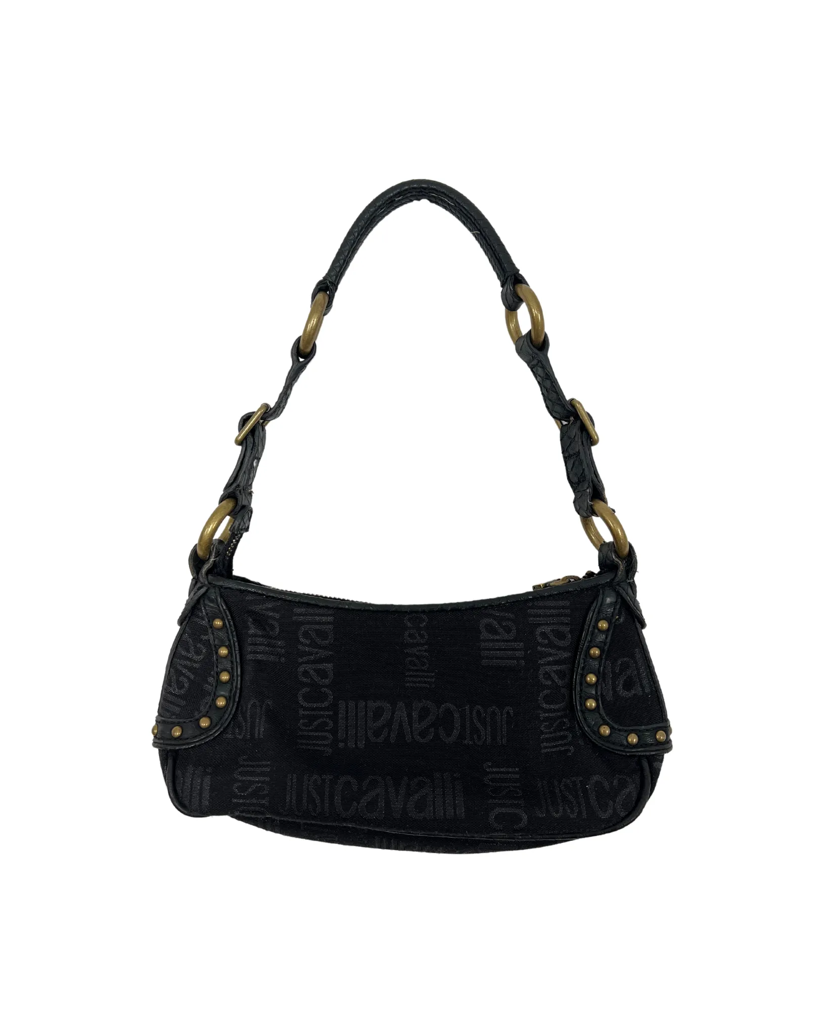 Cavalli Black Monogram Canvas & Leather Brass Tone Hardware Shoulder Bag