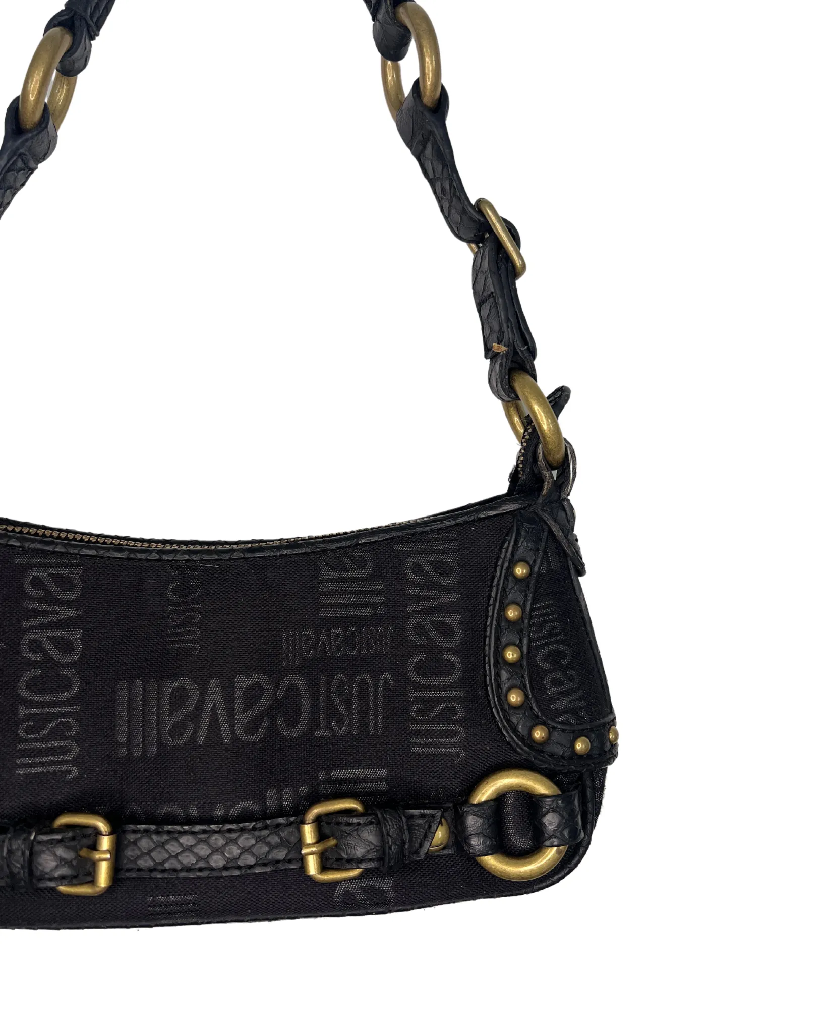 Cavalli Black Monogram Canvas & Leather Brass Tone Hardware Shoulder Bag