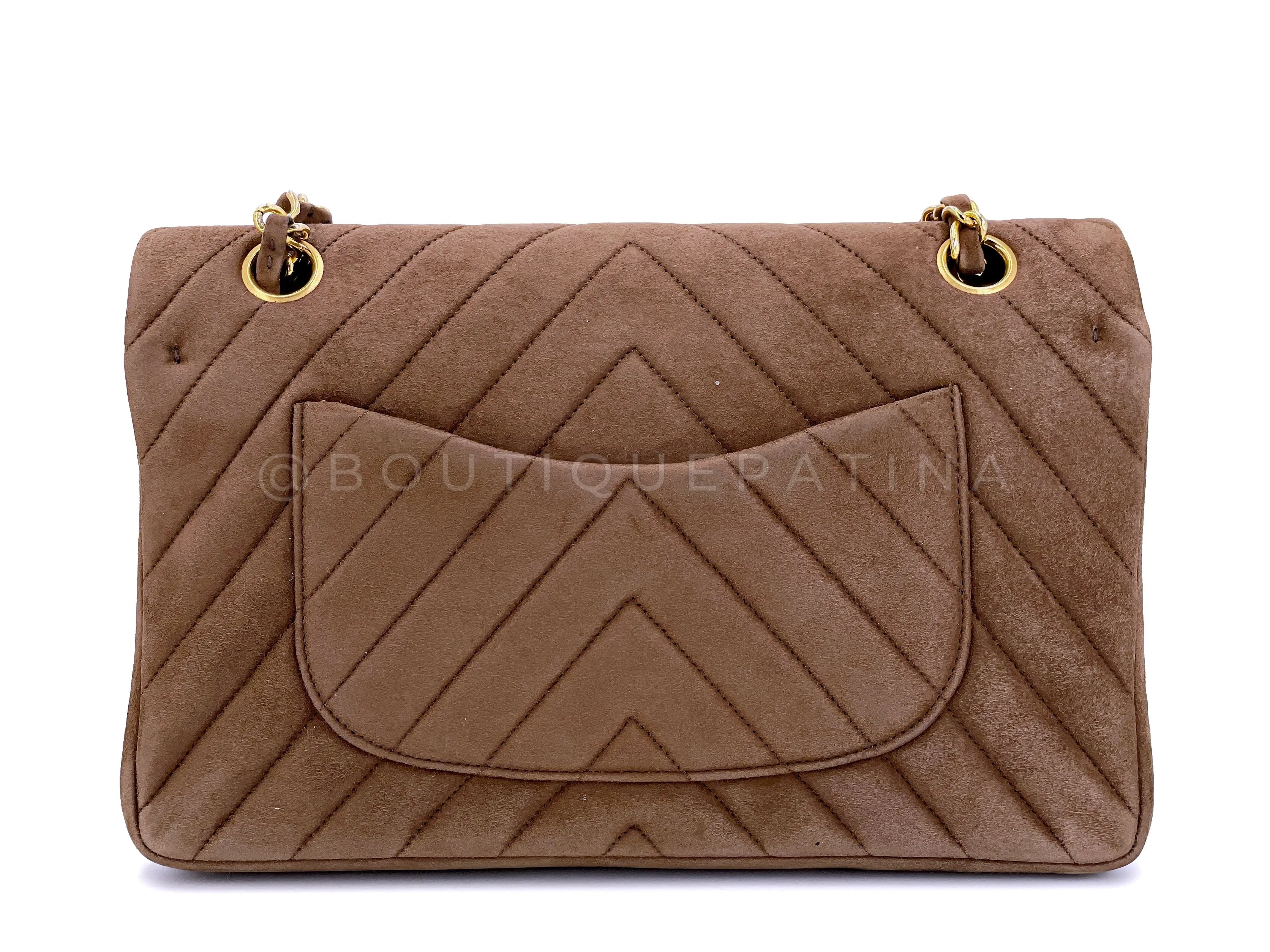 Chanel 1990 Vintage Suede Taupe Chevron Medium Flap Bag 24k GHW