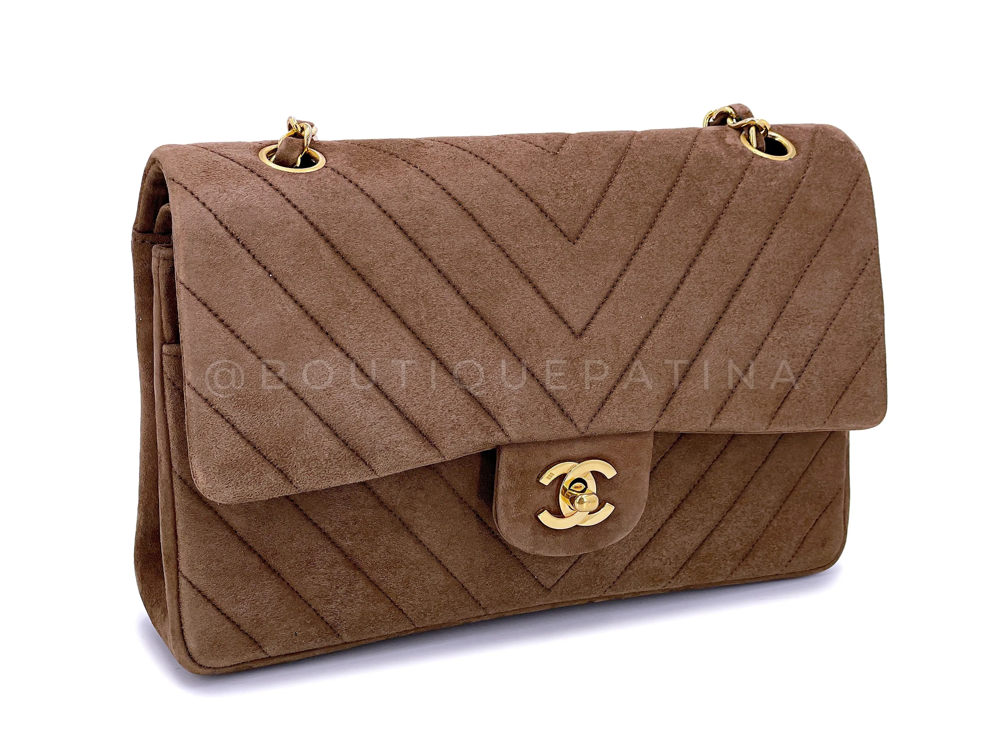 Chanel 1990 Vintage Suede Taupe Chevron Medium Flap Bag 24k GHW