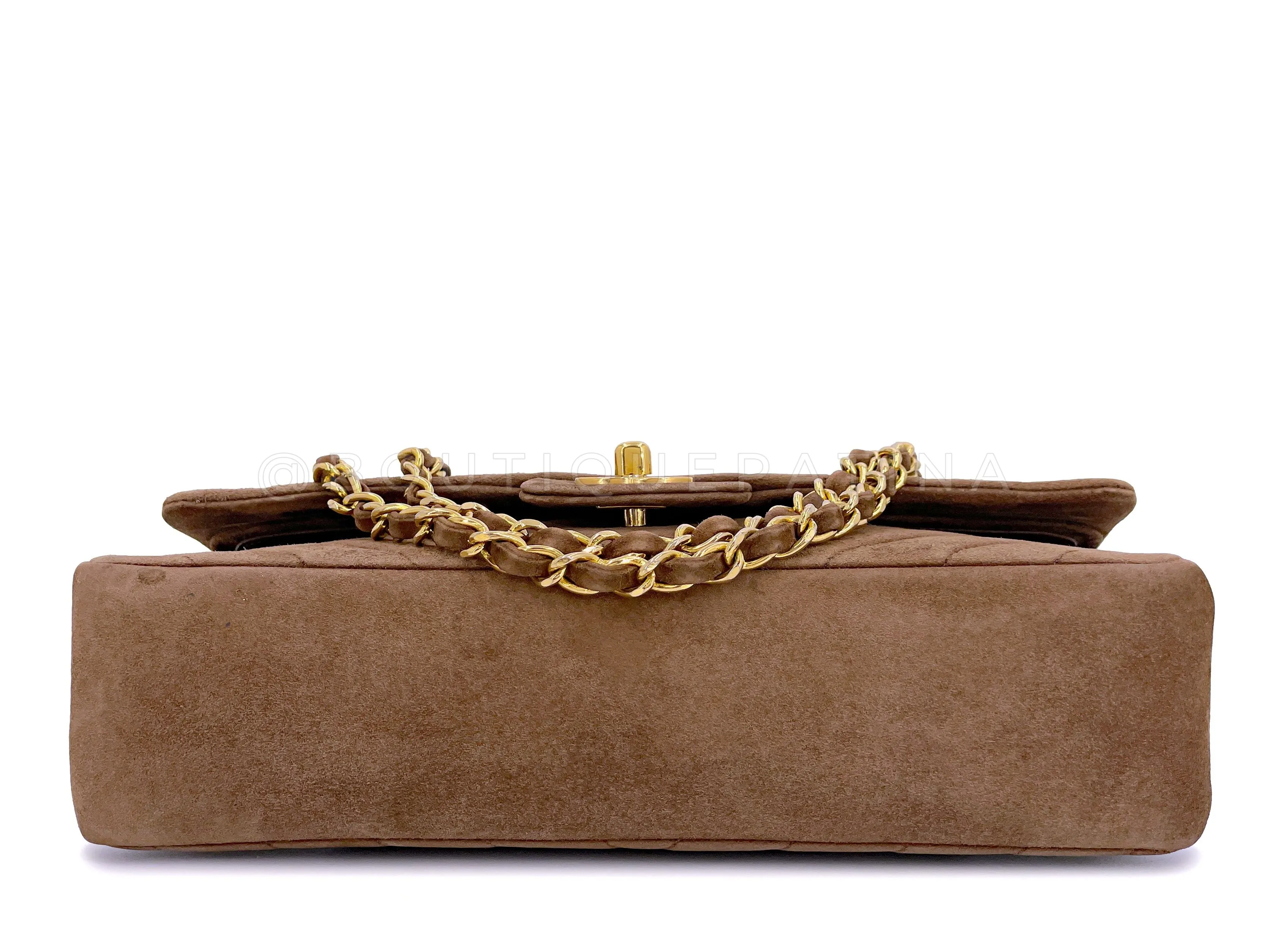 Chanel 1990 Vintage Suede Taupe Chevron Medium Flap Bag 24k GHW