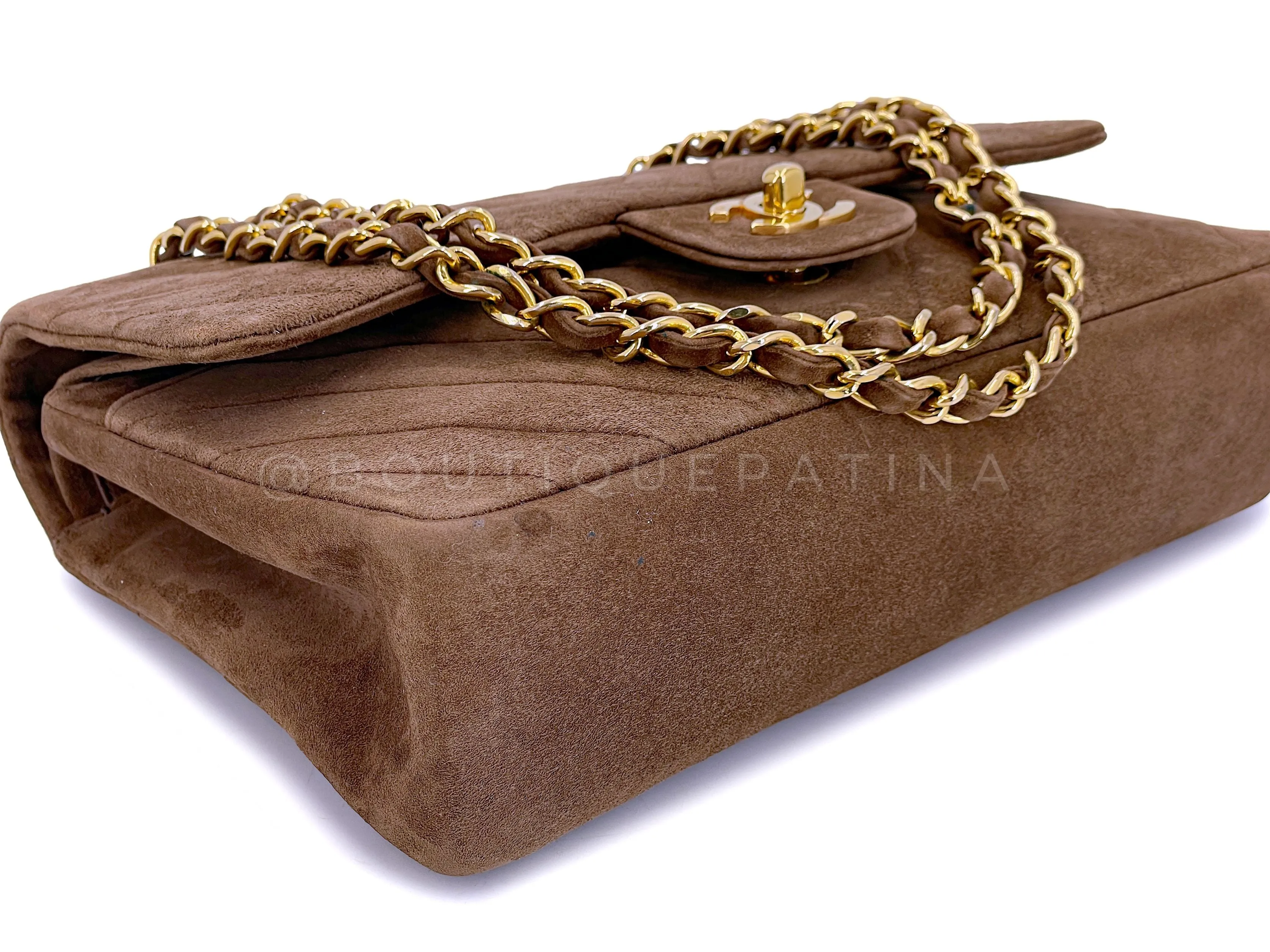 Chanel 1990 Vintage Suede Taupe Chevron Medium Flap Bag 24k GHW