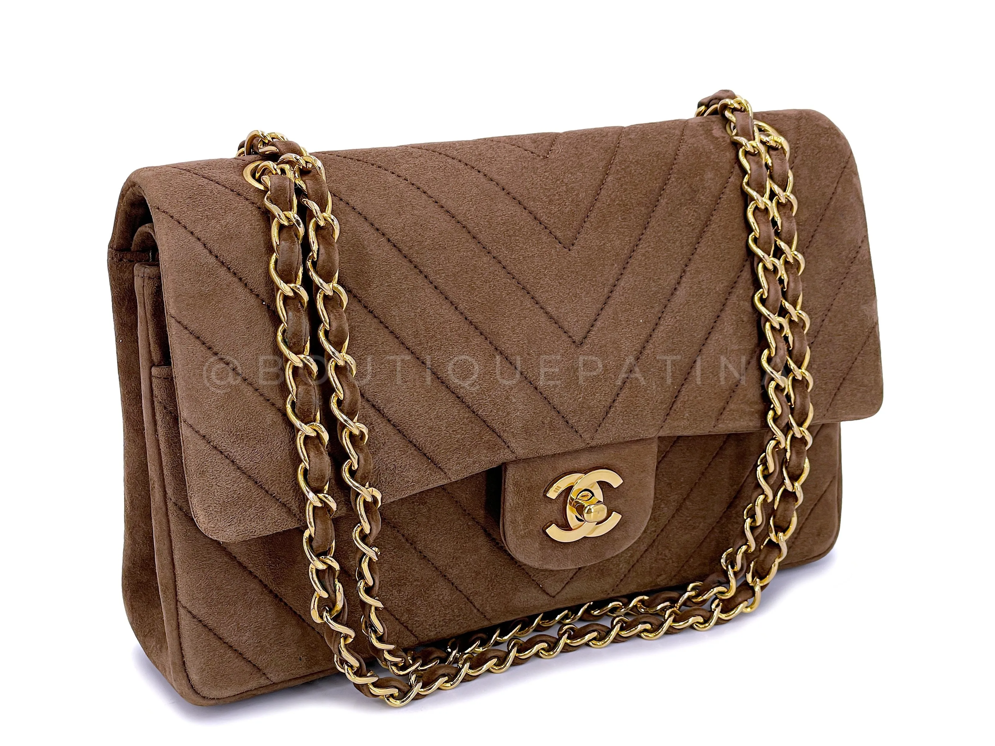 Chanel 1990 Vintage Suede Taupe Chevron Medium Flap Bag 24k GHW