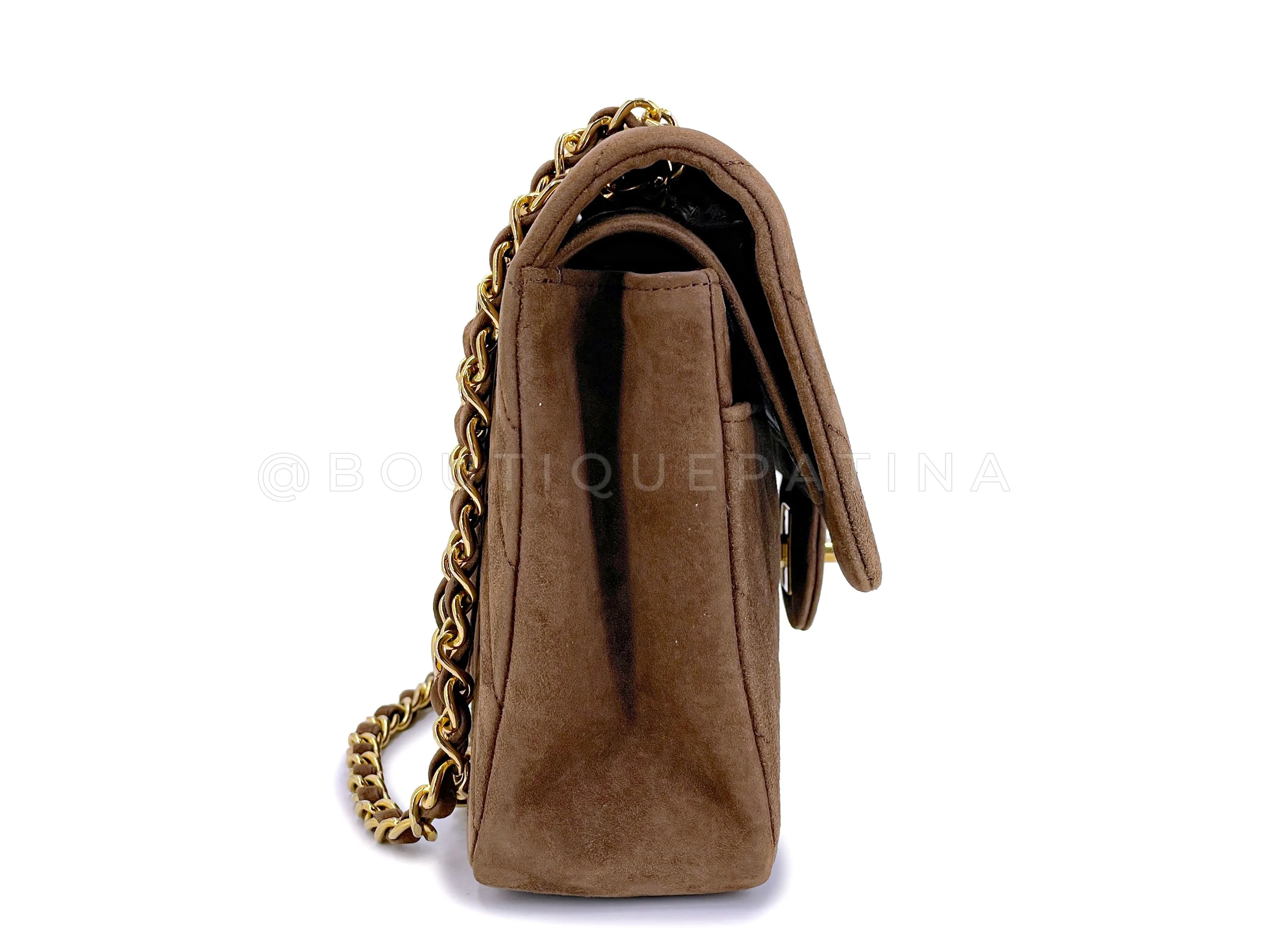 Chanel 1990 Vintage Suede Taupe Chevron Medium Flap Bag 24k GHW
