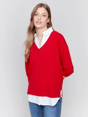 Charlie B C2568R V-Neck Fooler Sweater with Shirt Collar