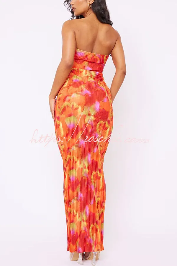 Cheyenne Floral Print Plisse Knot Bandeau Stretch Maxi Dress