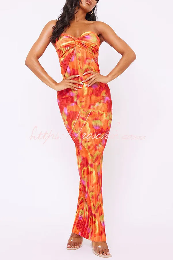 Cheyenne Floral Print Plisse Knot Bandeau Stretch Maxi Dress