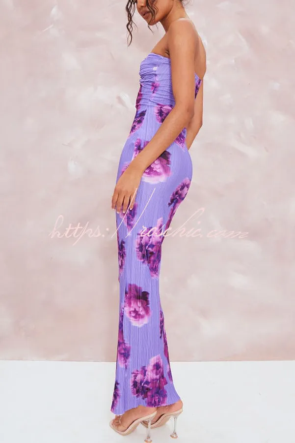 Cheyenne Floral Print Plisse Knot Bandeau Stretch Maxi Dress