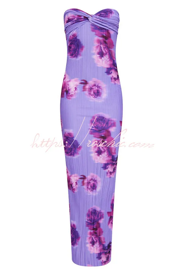 Cheyenne Floral Print Plisse Knot Bandeau Stretch Maxi Dress