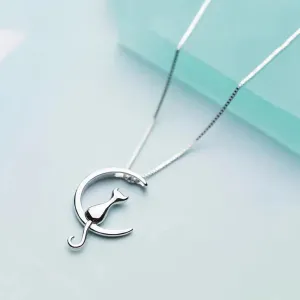 Chic Cat and The Moon Sterling Silver Necklace
