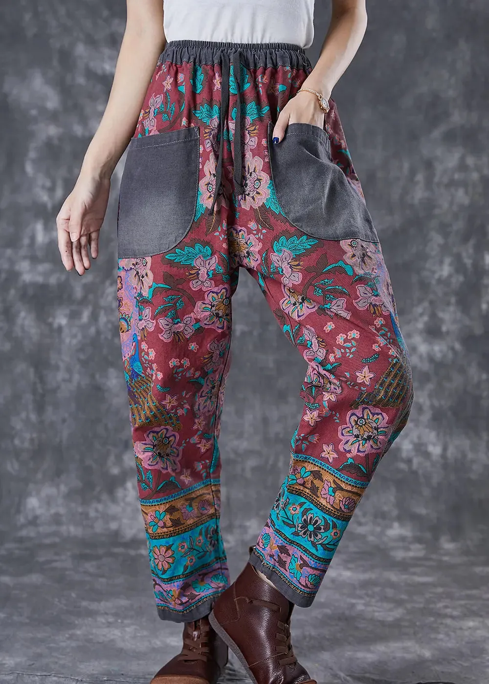 Chic Red Print Elastic Waist Patchwork Pockets Cotton Harem Pants Fall ML2981