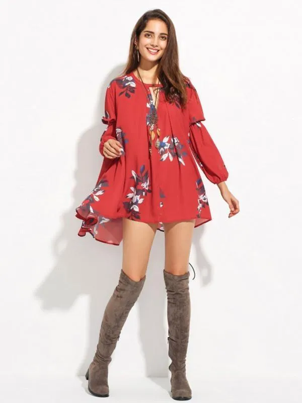 Chiffon Bohemia Floral Puff Sleeves V-neck Mini Dress