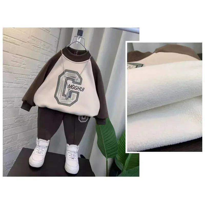 Children's Padded Sweatshirts Sets Boys Winter Thickened Warm Suit Kids Trend Top Pants 2Pcs Outfits Fashion Casual Clothes 2-8Y