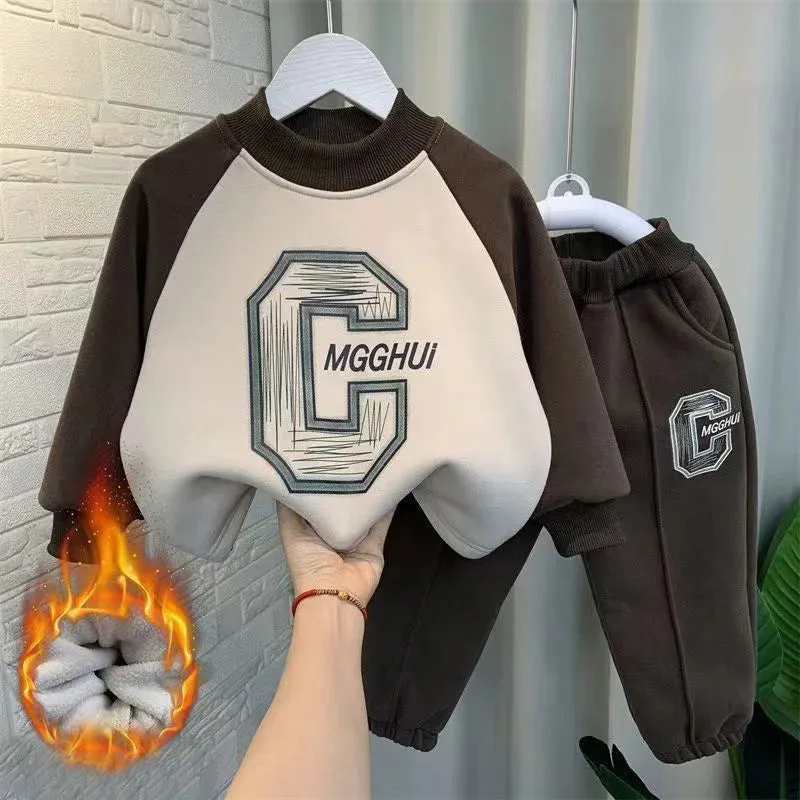 Children's Padded Sweatshirts Sets Boys Winter Thickened Warm Suit Kids Trend Top Pants 2Pcs Outfits Fashion Casual Clothes 2-8Y