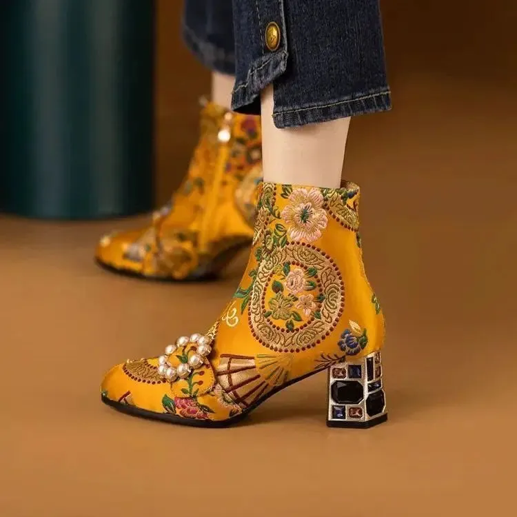 ChinaDoll- the Asian Inspired Satin Ankle Boots with Bejeweled Heels 3 Colors