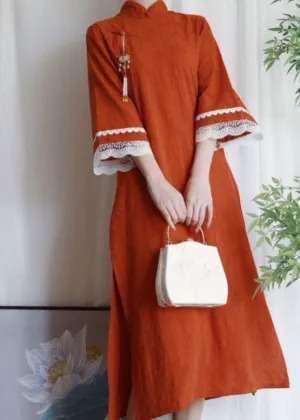 Chinese Style Orange Jacquard Patchwork Lace Side Open Cotton Dress Summer LC0476