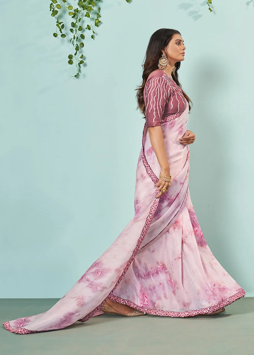 Chocolate Pink Crepe Silk Embroidered Designer Saree