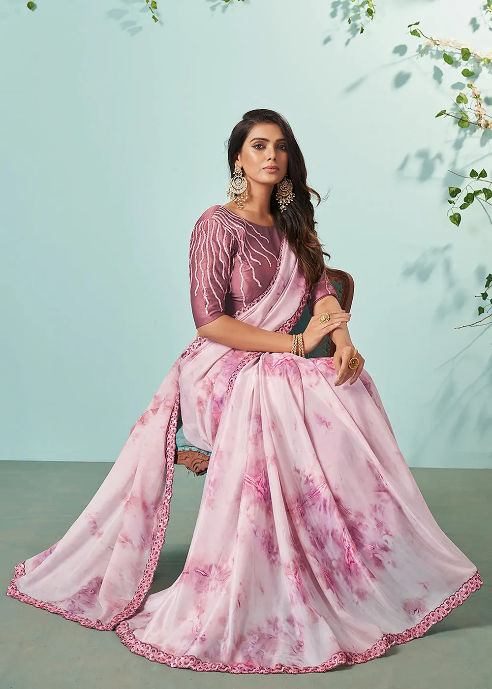 Chocolate Pink Crepe Silk Embroidered Designer Saree
