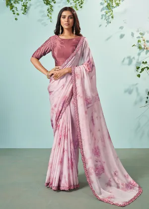 Chocolate Pink Crepe Silk Embroidered Designer Saree