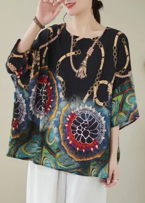 Classy Black Print Linen Top Summer LY4008