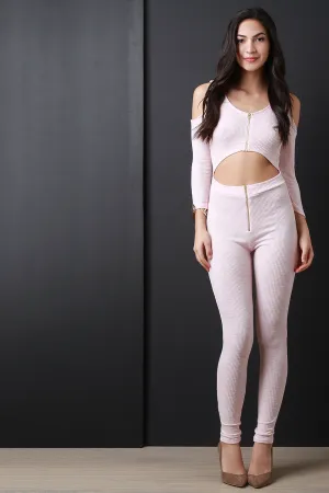 Cold Shoulder Exposed Midriff Zippered Jumpsuit