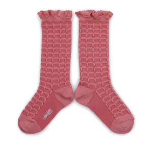 Collegien Coralie Textured Check Knee Socks w/ Lace Trim | Rose Litchi