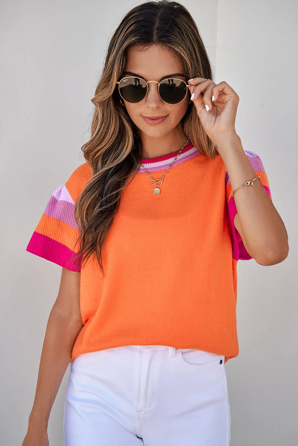 Contrast Flutter Sleeves Knitted Sweater T Shirt