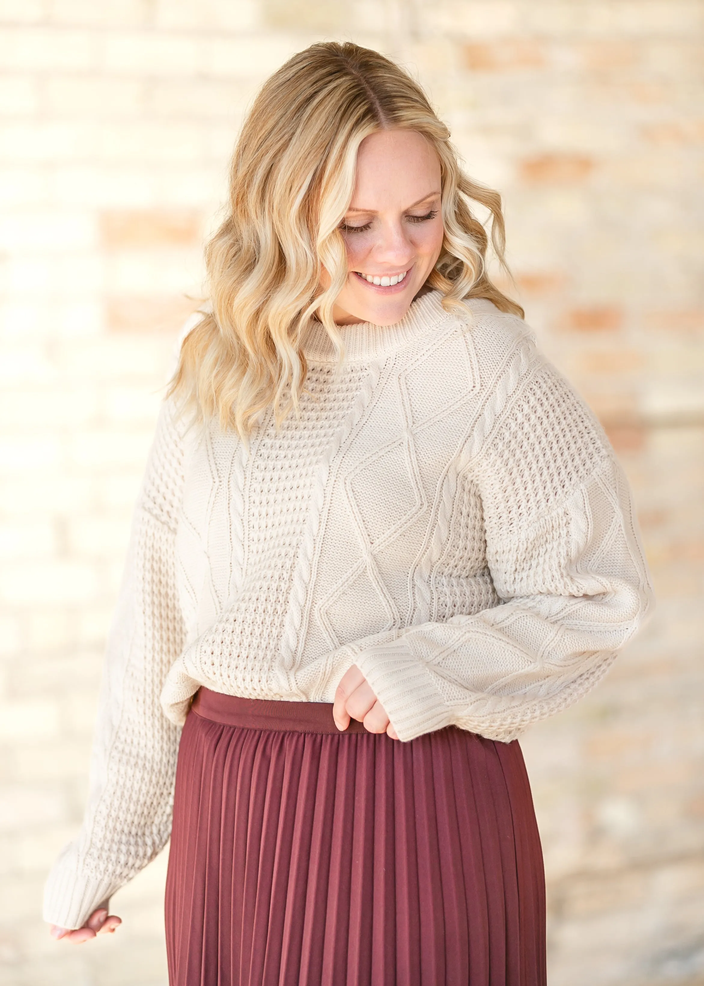 Contrast Knit Long Sleeve Crewneck Sweater