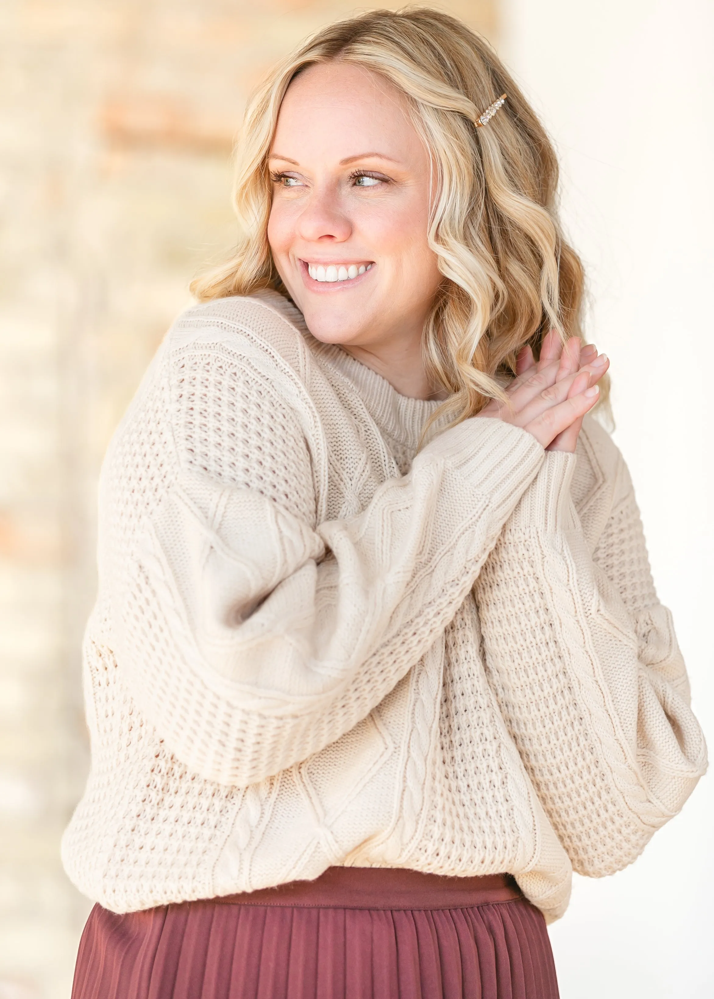 Contrast Knit Long Sleeve Crewneck Sweater