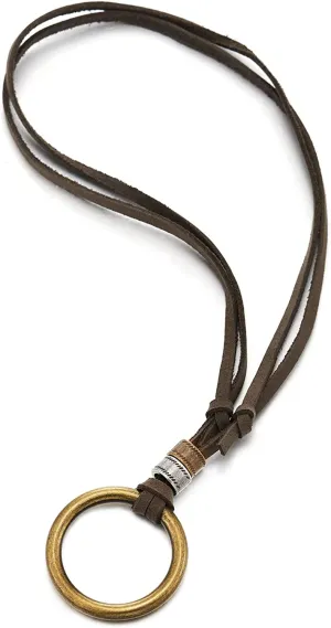 COOLSTEELANDBEYOND Circle Charm Pendant Necklace for Men and Women, Vintage Beads, Retro Bronze with Adjustable Brown Leather Cord