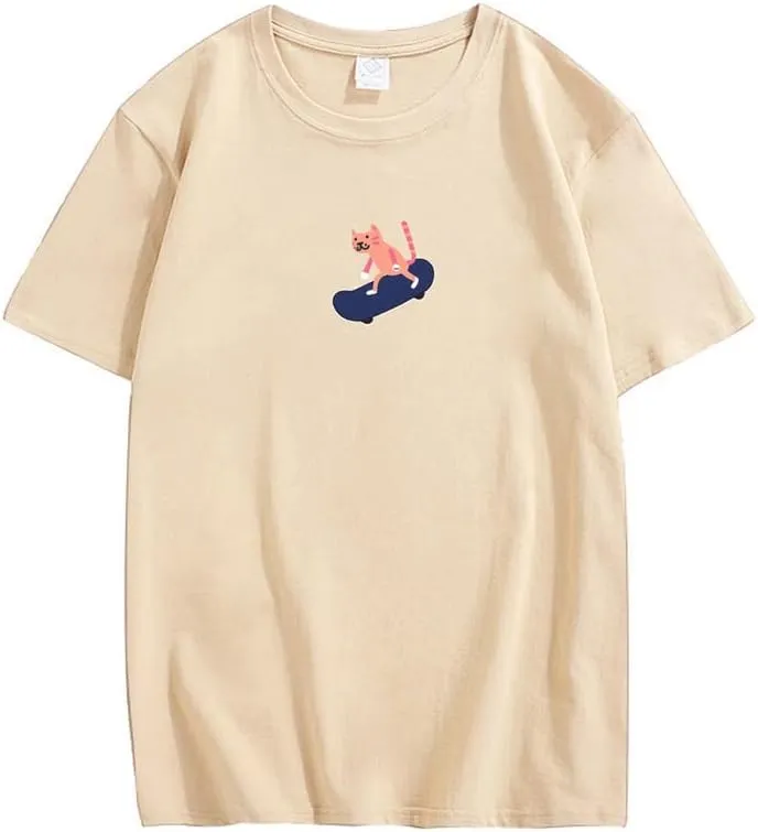 CORIRESHA Unisex Cute Cat Skateboard Casual Crewneck Short Sleeves Loose Funny T-Shirts