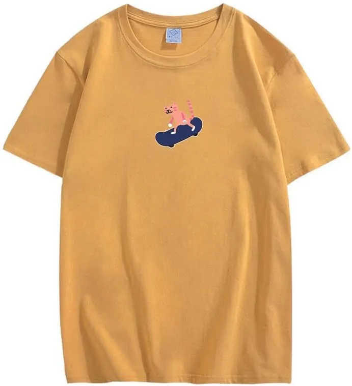 CORIRESHA Unisex Cute Cat Skateboard Casual Crewneck Short Sleeves Loose Funny T-Shirts