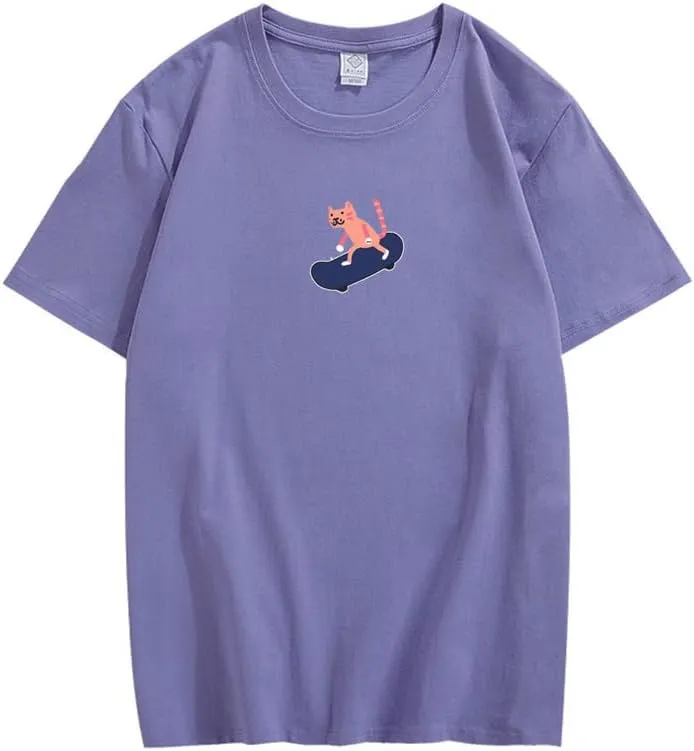 CORIRESHA Unisex Cute Cat Skateboard Casual Crewneck Short Sleeves Loose Funny T-Shirts